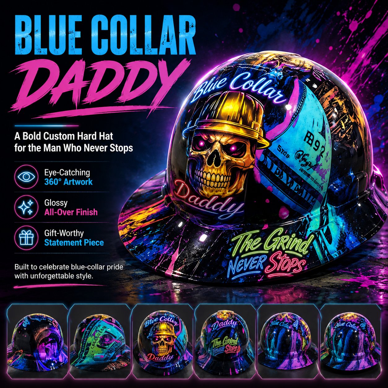 🔥 Blue Collar Daddy Hydro-Dipped Hard Hat | Industrial Rigid Impact-Resistant Safety Helmet with Full-Wrap Gloss Artwork
