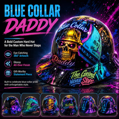 🔥 Blue Collar Daddy Hydro-Dipped Hard Hat | Industrial Rigid Impact-Resistant Safety Helmet with Full-Wrap Gloss Artwork