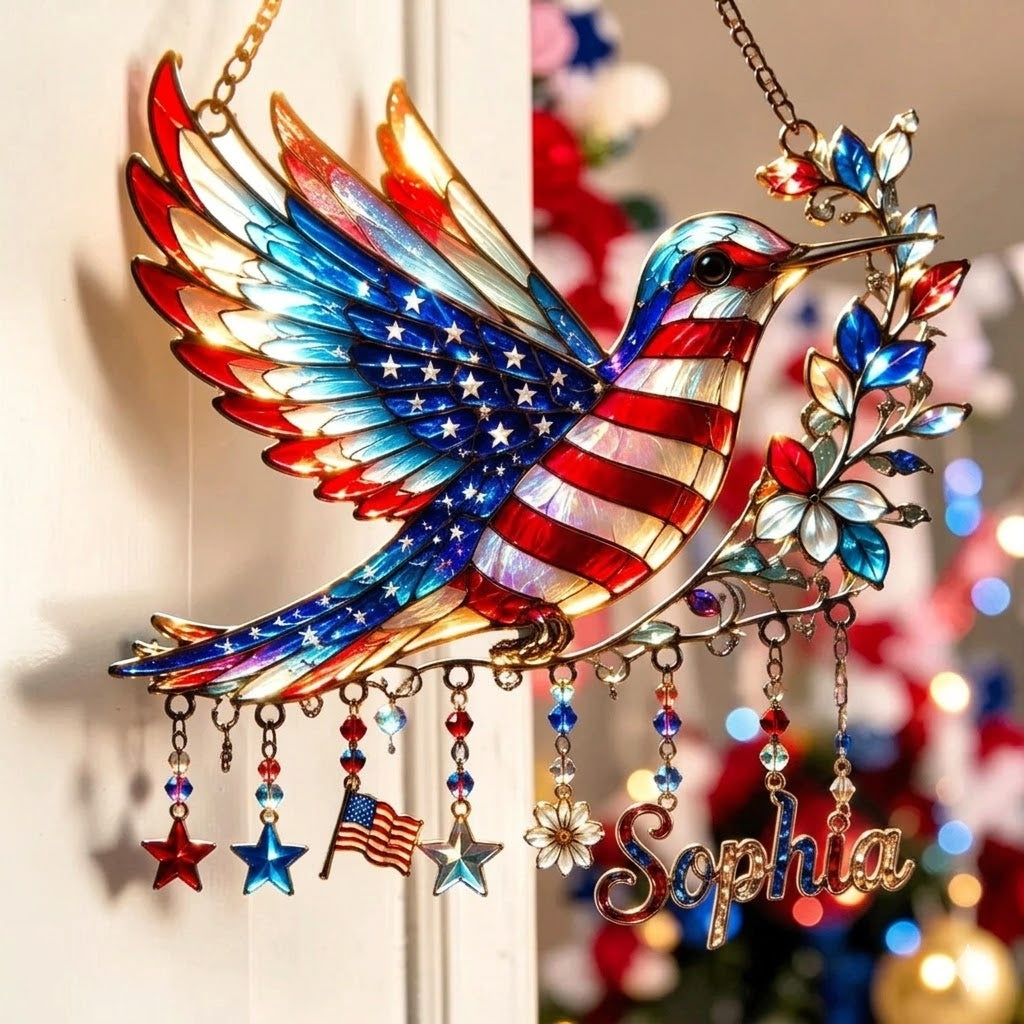 Charm Patriotic Hummingbird - Personalized Acrylic Window Hanging Suncatcher - 250th Anniversary Gift