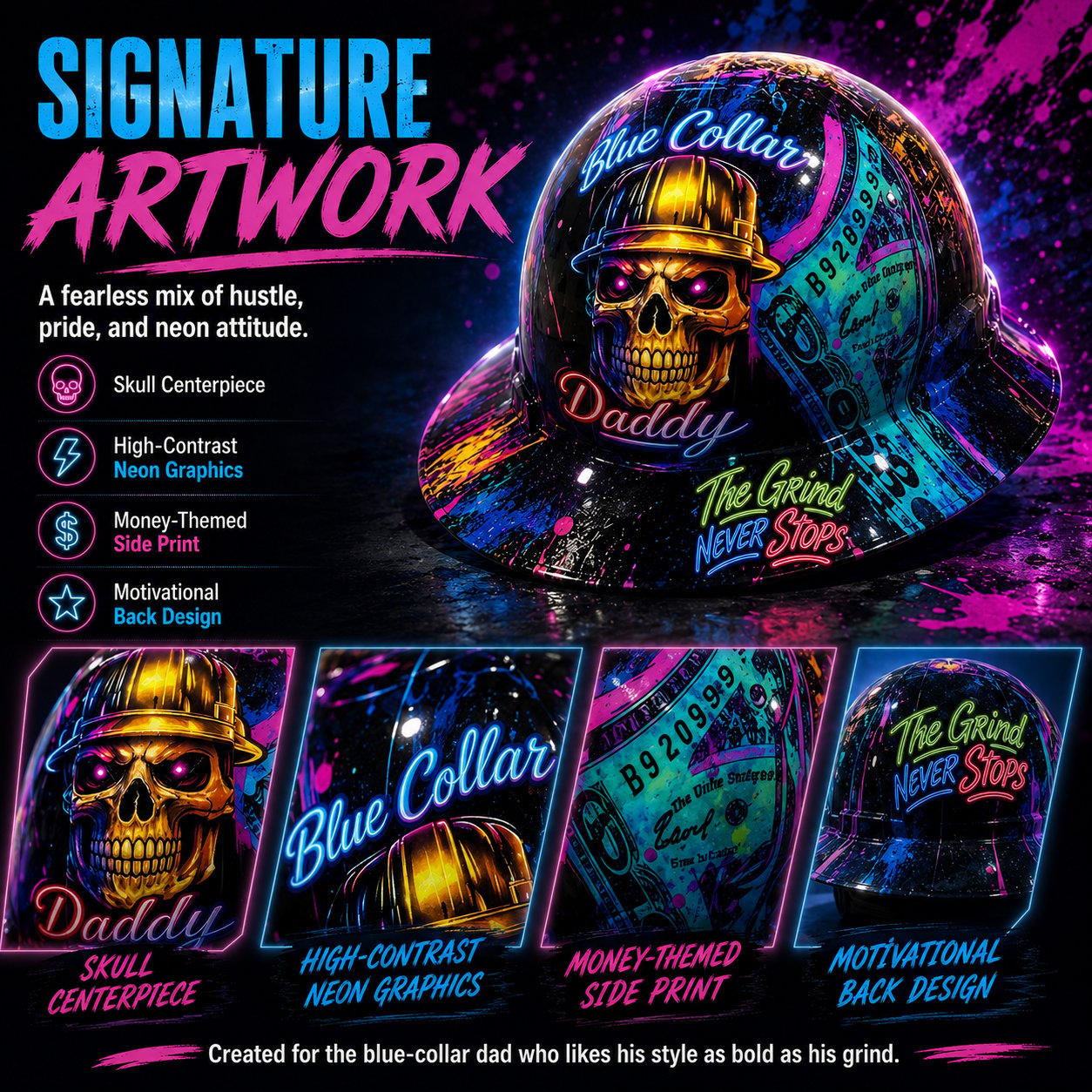 🔥 Blue Collar Daddy Hydro-Dipped Hard Hat | Industrial Rigid Impact-Resistant Safety Helmet with Full-Wrap Gloss Artwork