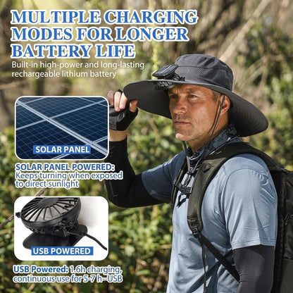 Wide Brim Solar Fan Outdoor Fishing Hat-Solar & USB Charging
