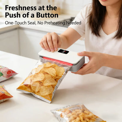 2-in-1 Rechargeable Mini Bag Sealer — LED Display, Magnetic Fridge Mount & Built-in Cutter
