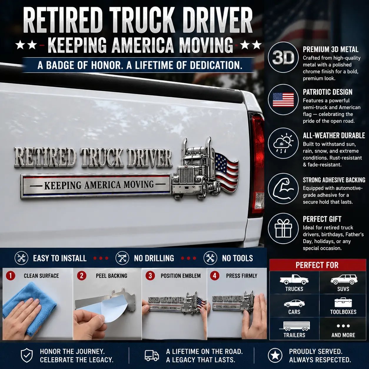 🔥Independence Day 50% OFF- 🚚 Retired Truck Driver Car Emblem Badge