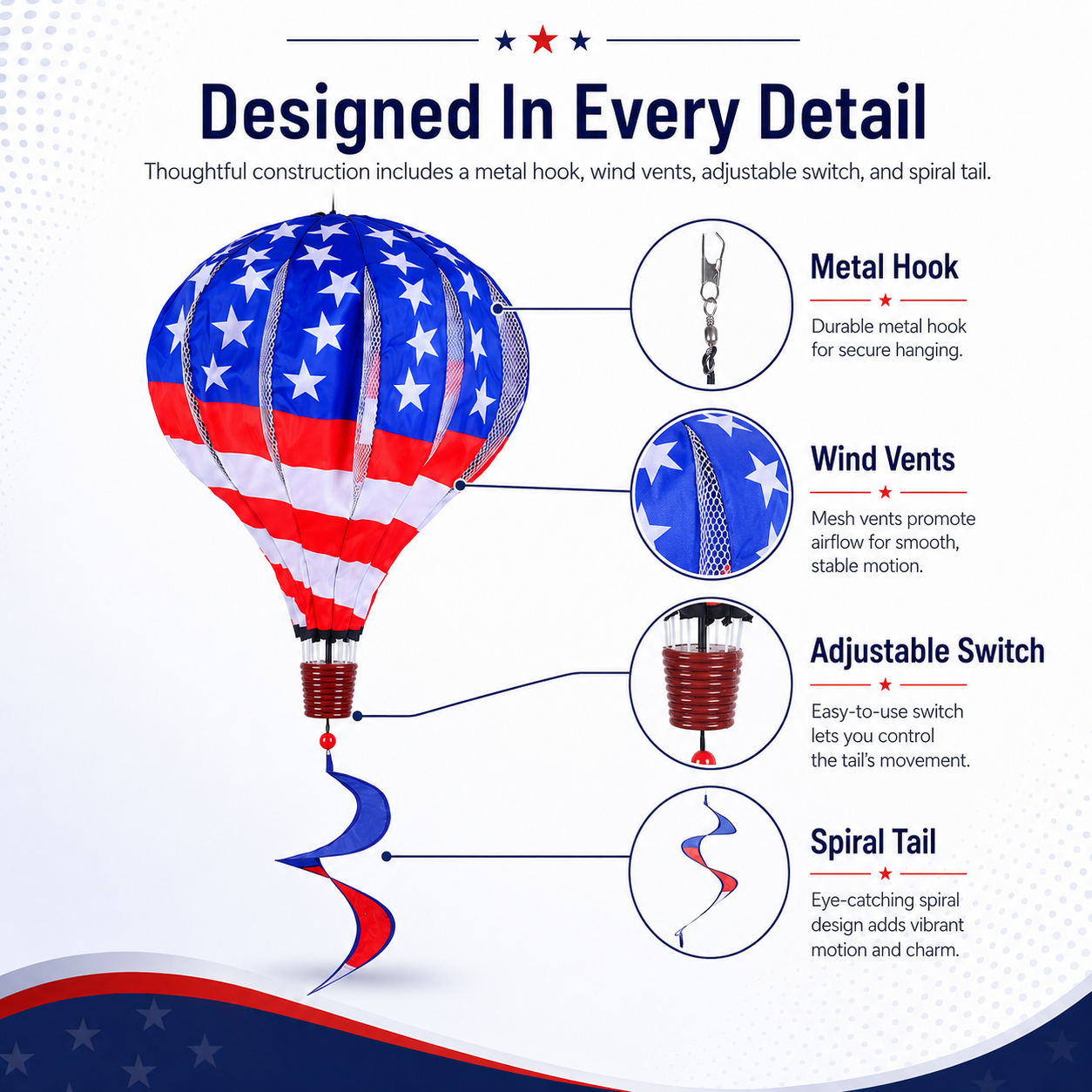 Patriotic Hot Air Balloon Hanging Wind Spinner