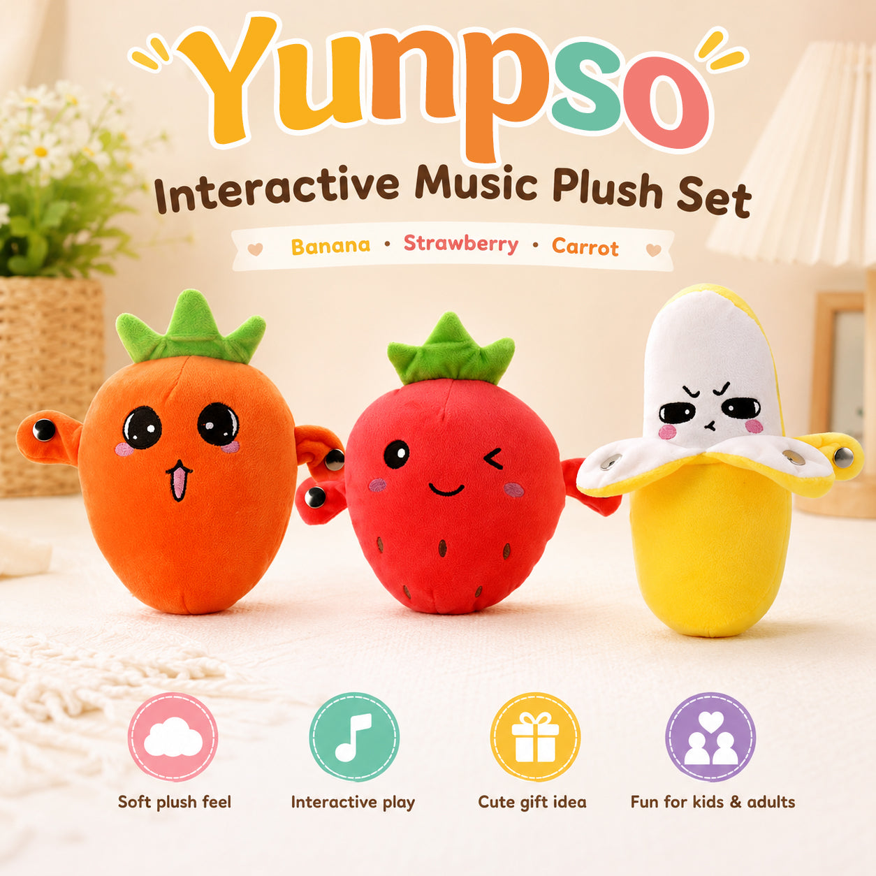 🎵Interactive Music Plush Toy Set🎁–Banana, Strawberry & Carrot Electric Stuffed Toys, Fun Prank & Play Toy for Family, Friends & Couples, Perfect Holiday Gift for Kids & Adults-TI