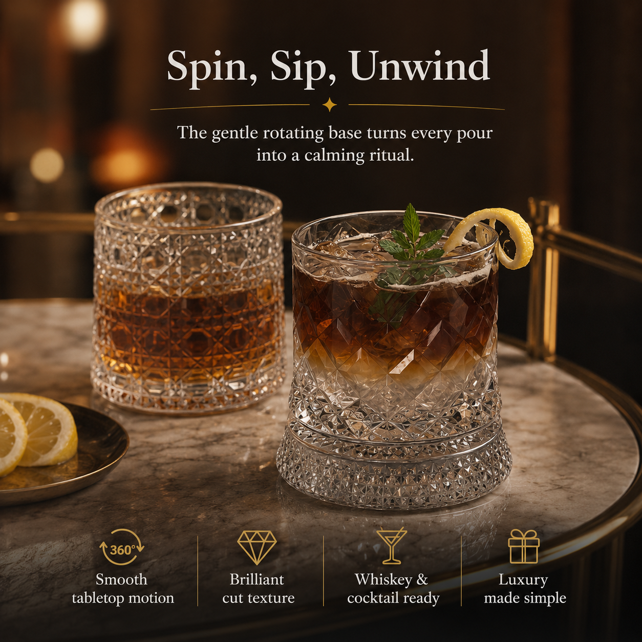 🥃Luxury 360° Rotating Crystal Glass🥂, Star-Cut Whiskey & Wine Glass, Elegant Barware Gift for Stress Relief-TI