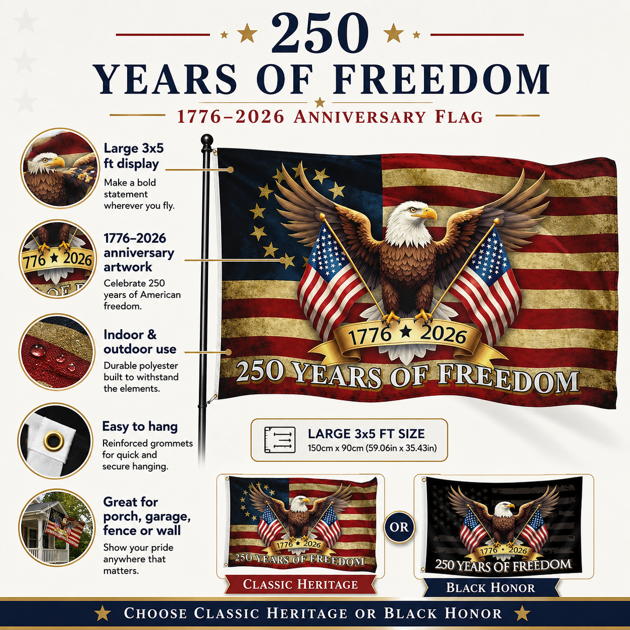 USA 250 Years of Freedom Patriotic Eagle Flag
