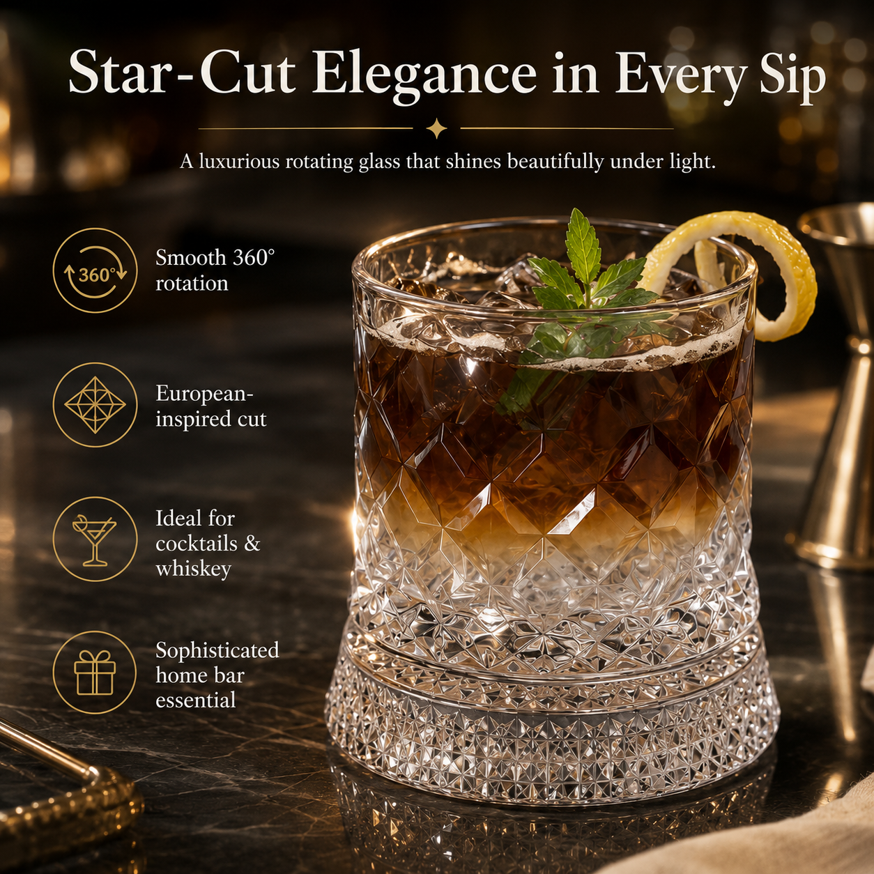 🥃Luxury 360° Rotating Crystal Glass🥂, Star-Cut Whiskey & Wine Glass, Elegant Barware Gift for Stress Relief-TI
