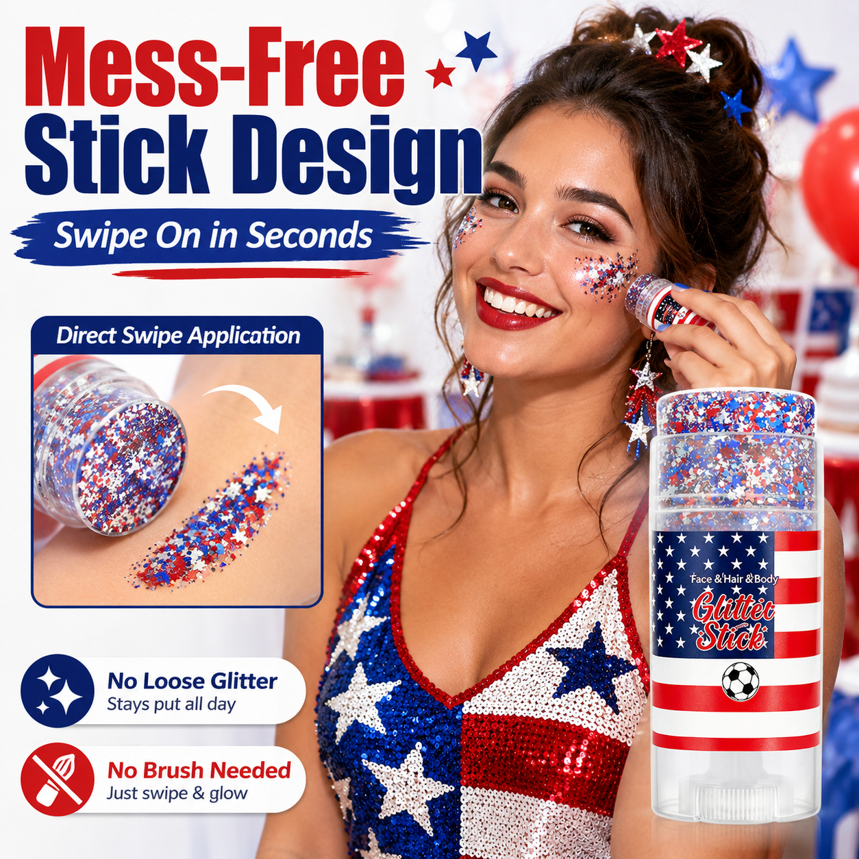 USA Patriotic Glitter Stick, Red White Blue Face Hair Body Glitter for 4th of July, Sports Events, Festivals & Parties