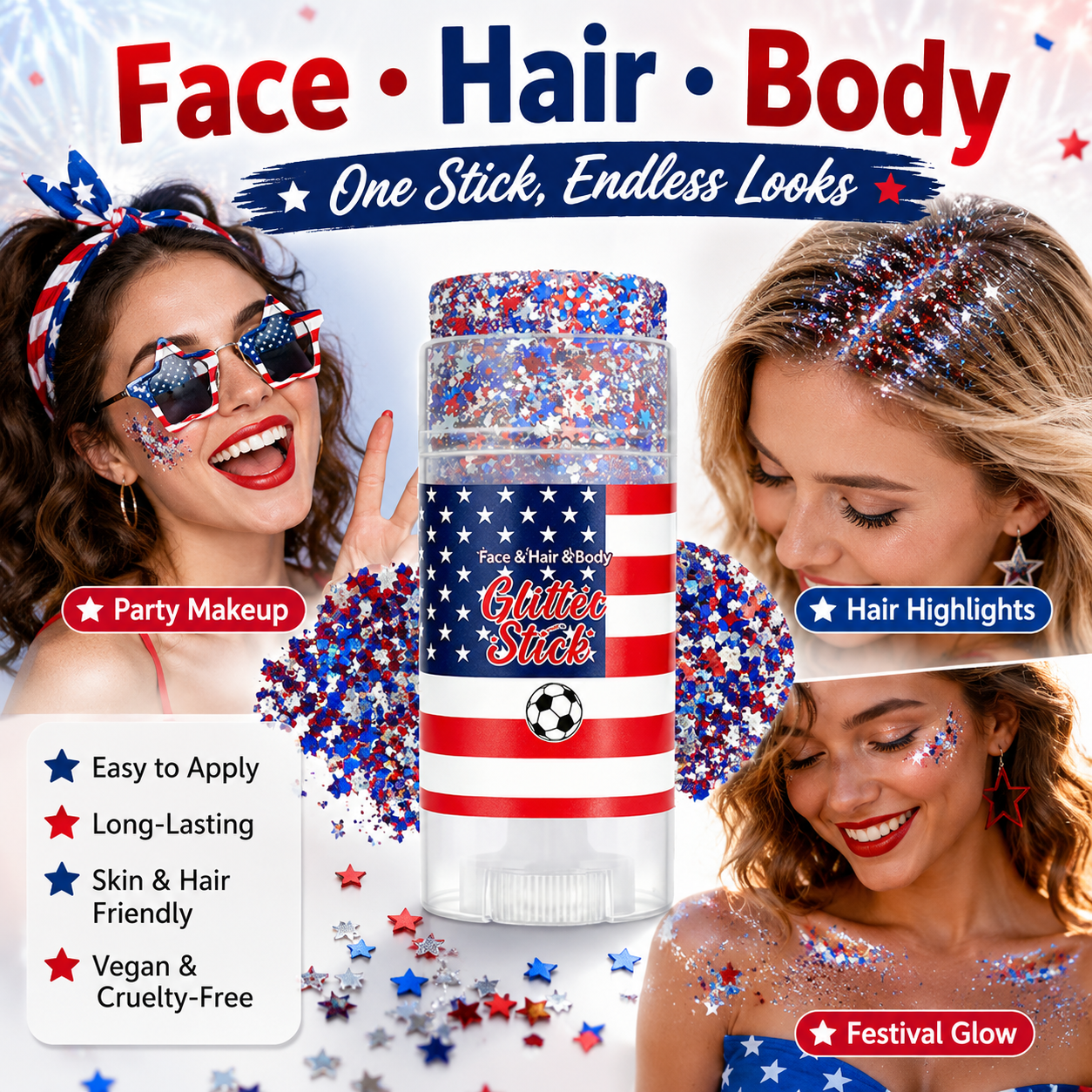 USA Patriotic Glitter Stick, Red White Blue Face Hair Body Glitter for 4th of July, Sports Events, Festivals & Parties