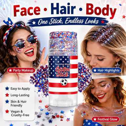 USA Patriotic Glitter Stick, Red White Blue Face Hair Body Glitter for 4th of July, Sports Events, Festivals & Parties