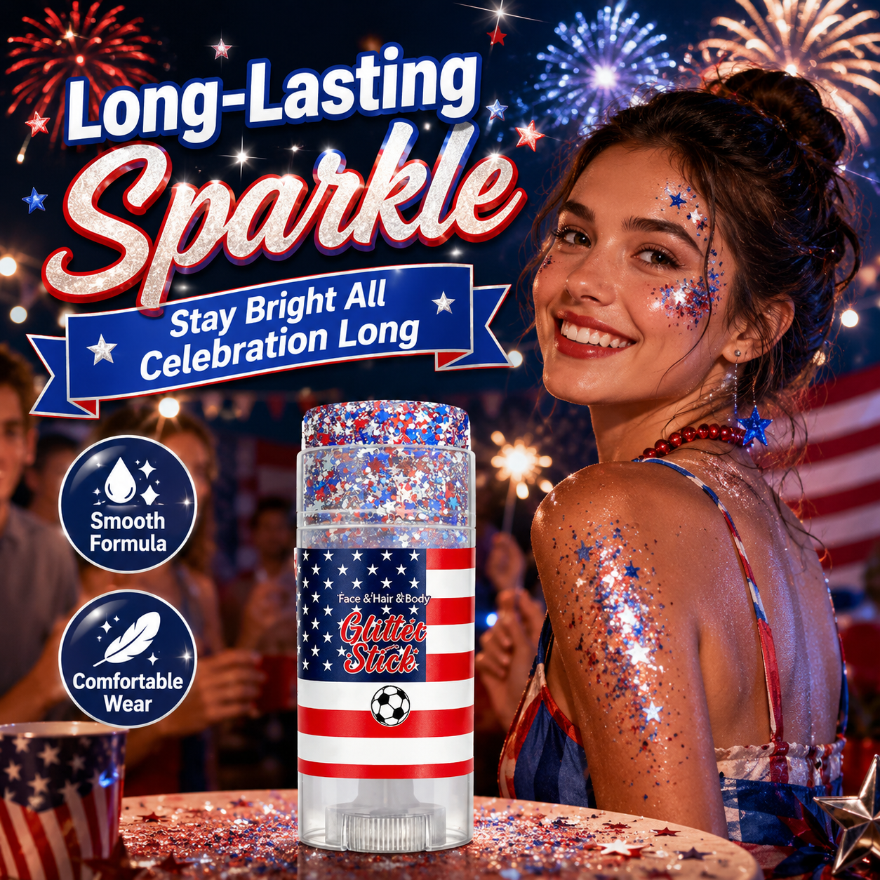 USA Patriotic Glitter Stick, Red White Blue Face Hair Body Glitter for 4th of July, Sports Events, Festivals & Parties