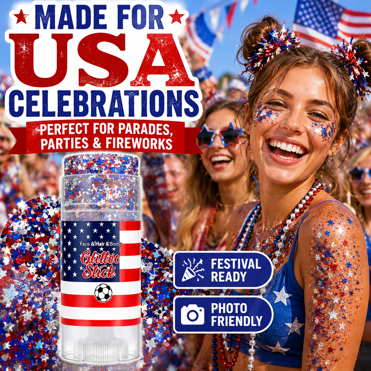 USA Patriotic Glitter Stick, Red White Blue Face Hair Body Glitter for 4th of July, Sports Events, Festivals & Parties
