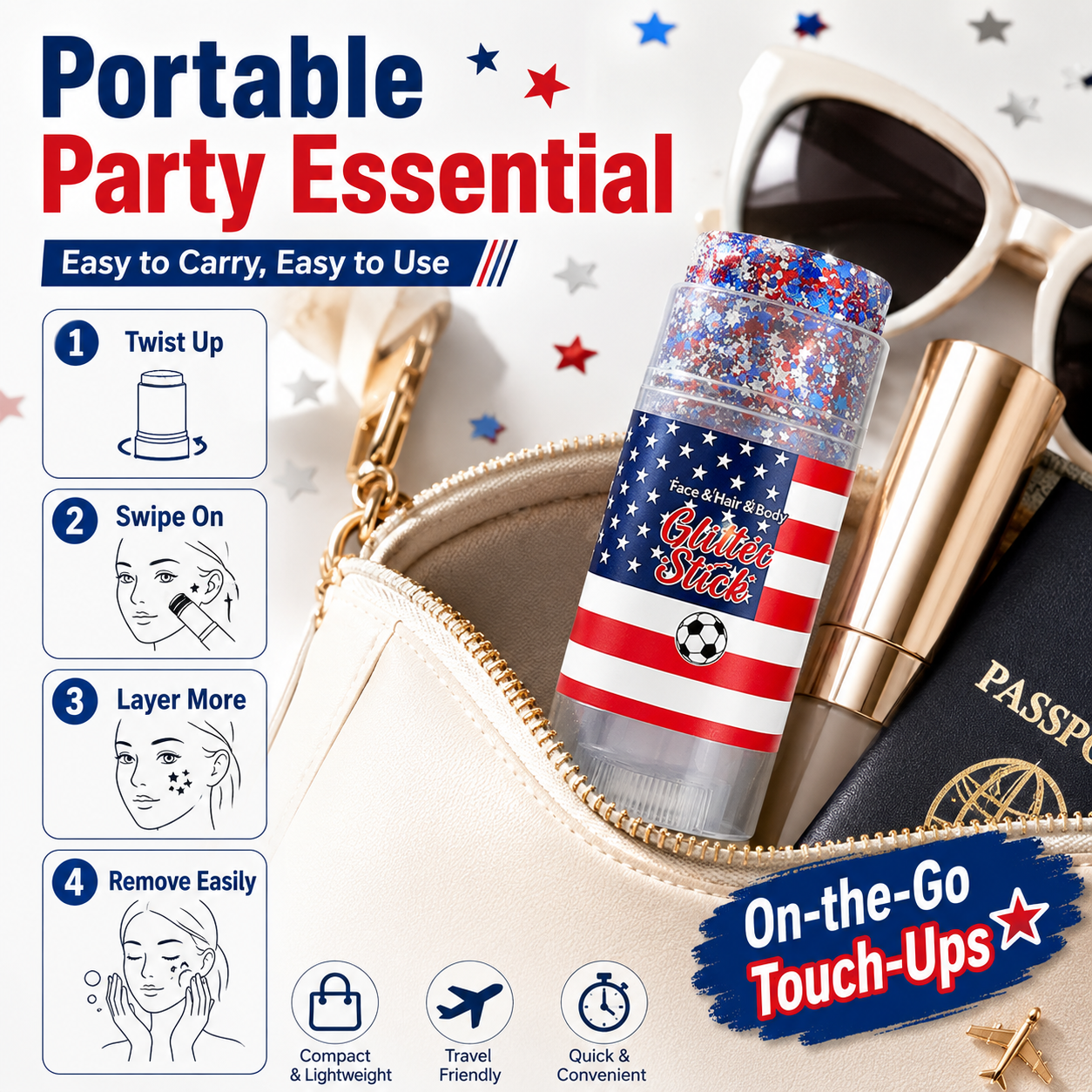 USA Patriotic Glitter Stick, Red White Blue Face Hair Body Glitter for 4th of July, Sports Events, Festivals & Parties