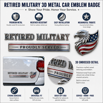 🇺🇸 Retired Military Proudly Served Eagle Car Emblem Metal Badge
