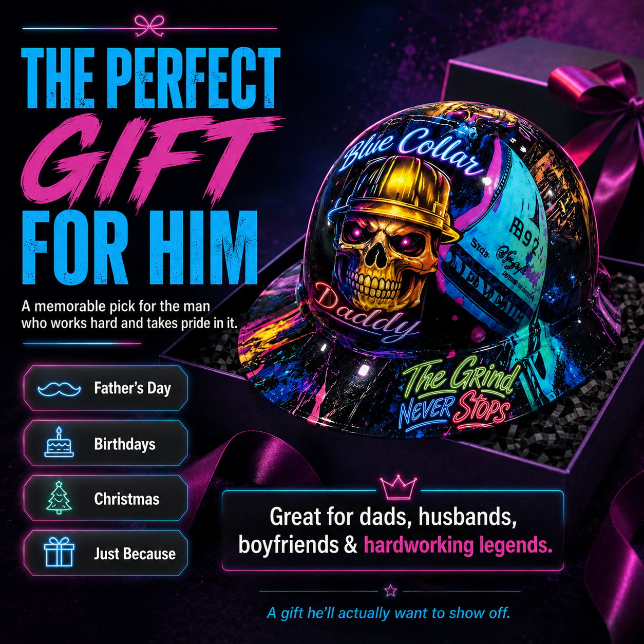 🔥 Blue Collar Daddy Hydro-Dipped Hard Hat | Industrial Rigid Impact-Resistant Safety Helmet with Full-Wrap Gloss Artwork