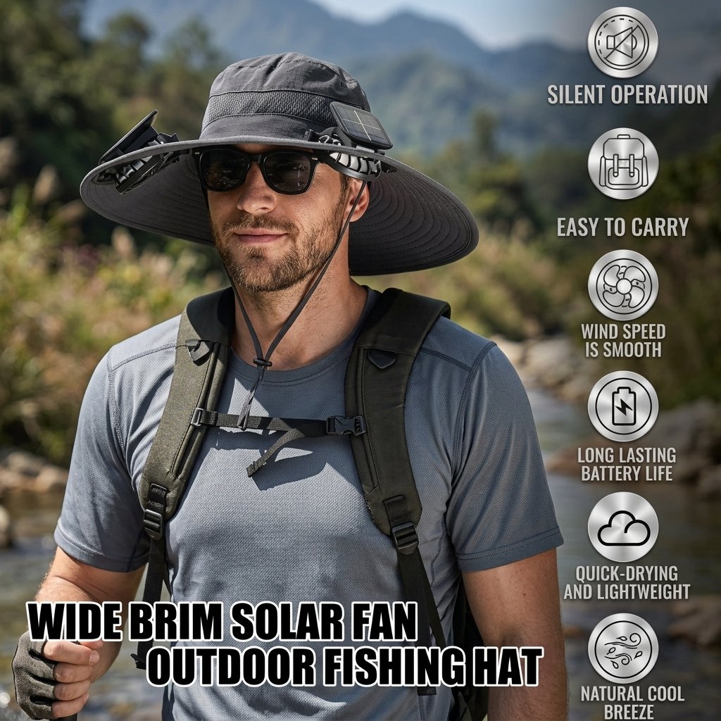 Wide Brim Solar Fan Outdoor Fishing Hat-Solar & USB Charging