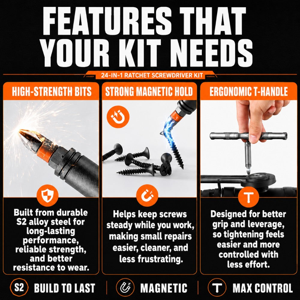 24-in-1 T-Handle Ratchet Screwdriver Set, S2 Steel Repair Tool Kit