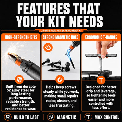 24-in-1 T-Handle Ratchet Screwdriver Set, S2 Steel Repair Tool Kit