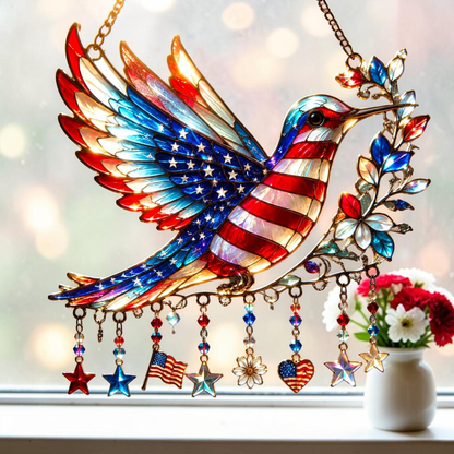 Charm Patriotic Hummingbird - Personalized Acrylic Window Hanging Suncatcher - 250th Anniversary Gift